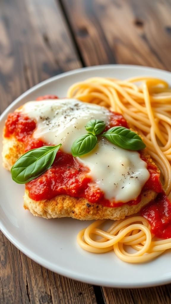 Easy Chicken Parmesan Recipe for Two A plate of chicken parmesan with marinara sauce and melted cheese, garnished with basil, served with spaghetti.